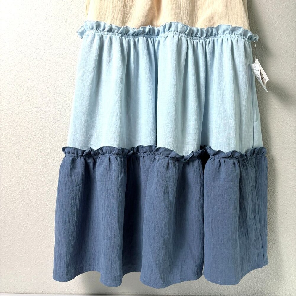 One One Six Dress Size S Blue Cream Tiered Open Back Tie Neck Boho Cottage - Picture 3 of 12